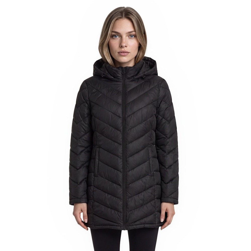 Calvin Klein Down Puffer Coat Jacket Women's Size Large Black Hooded Mid Length